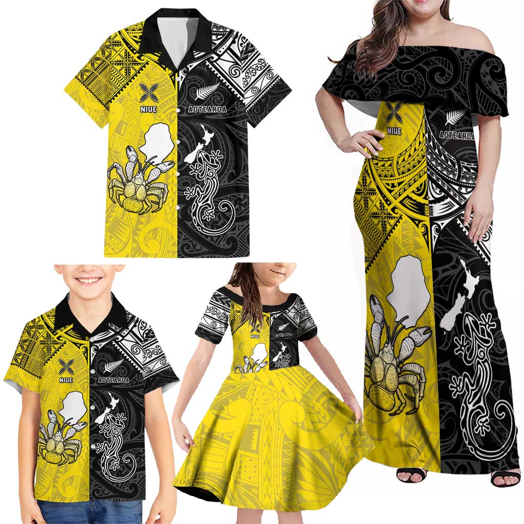 Custom New Zealand Maori And Niue Hiapo Family Matching Off Shoulder Maxi Dress and Hawaiian Shirt Lizard And Coconut Crab Together LT05 - Polynesian Pride