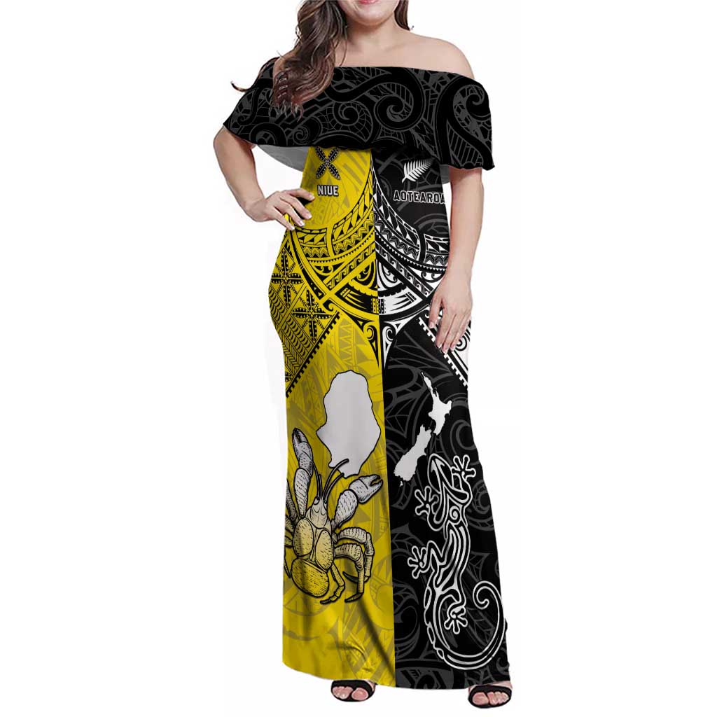 Custom New Zealand Maori And Niue Hiapo Family Matching Off Shoulder Maxi Dress and Hawaiian Shirt Lizard And Coconut Crab Together LT05 Mom's Dress Yellow - Polynesian Pride