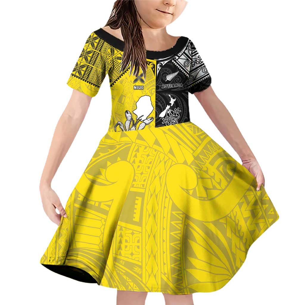 Custom New Zealand Maori And Niue Hiapo Family Matching Off Shoulder Short Dress and Hawaiian Shirt Lizard And Coconut Crab Together LT05 Daughter's Dress Yellow - Polynesian Pride