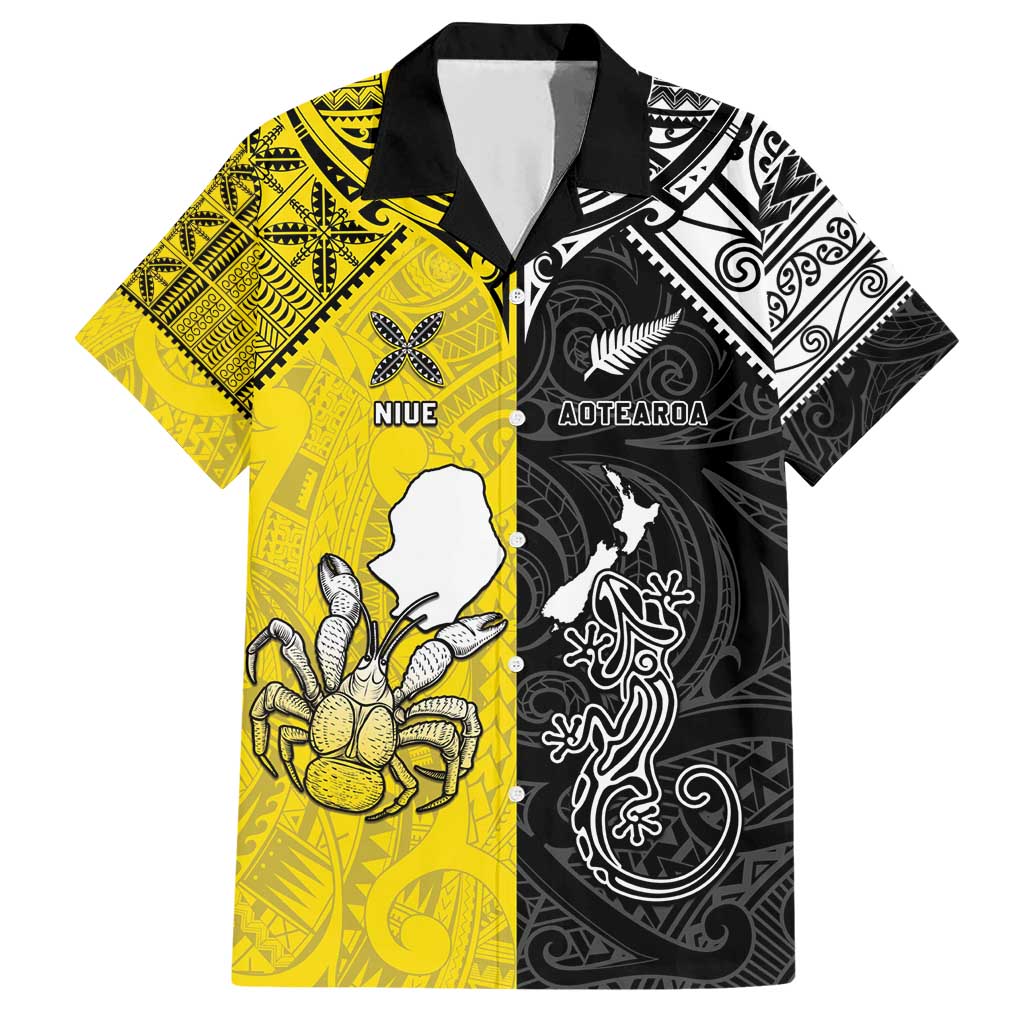 Custom New Zealand Maori And Niue Hiapo Family Matching Short Sleeve Bodycon Dress and Hawaiian Shirt Lizard And Coconut Crab Together LT05 Dad's Shirt - Short Sleeve Yellow - Polynesian Pride
