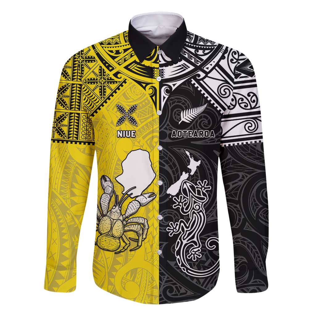 Custom New Zealand Maori And Niue Hiapo Family Matching Tank Maxi Dress and Hawaiian Shirt Lizard And Coconut Crab Together LT05 Dad's Shirt - Long Sleeve Yellow - Polynesian Pride
