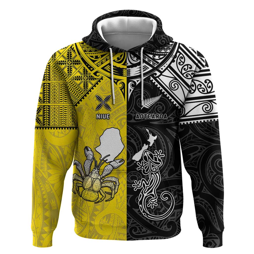 Custom New Zealand Maori And Niue Hiapo Hoodie Lizard And Coconut Crab Together LT05 Pullover Hoodie Yellow - Polynesian Pride