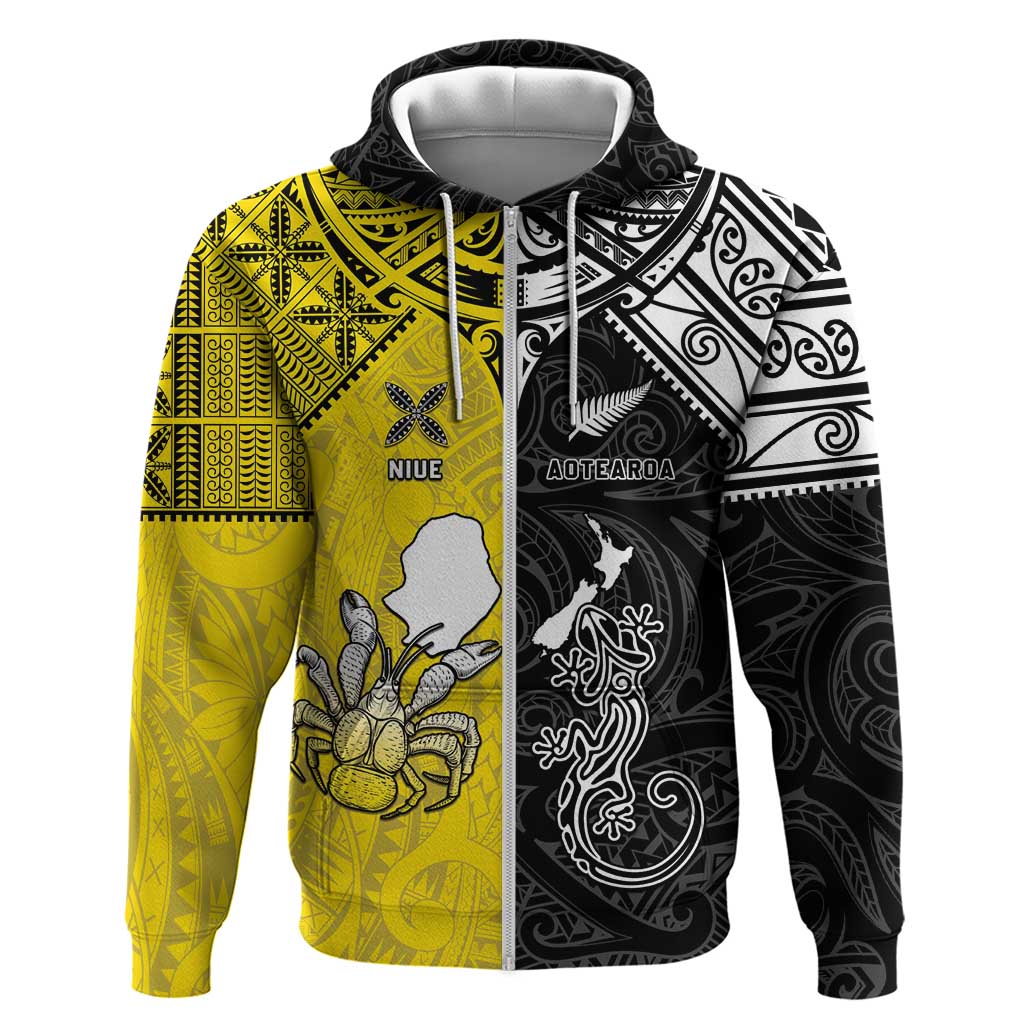 Custom New Zealand Maori And Niue Hiapo Hoodie Lizard And Coconut Crab Together LT05 Zip Hoodie Yellow - Polynesian Pride