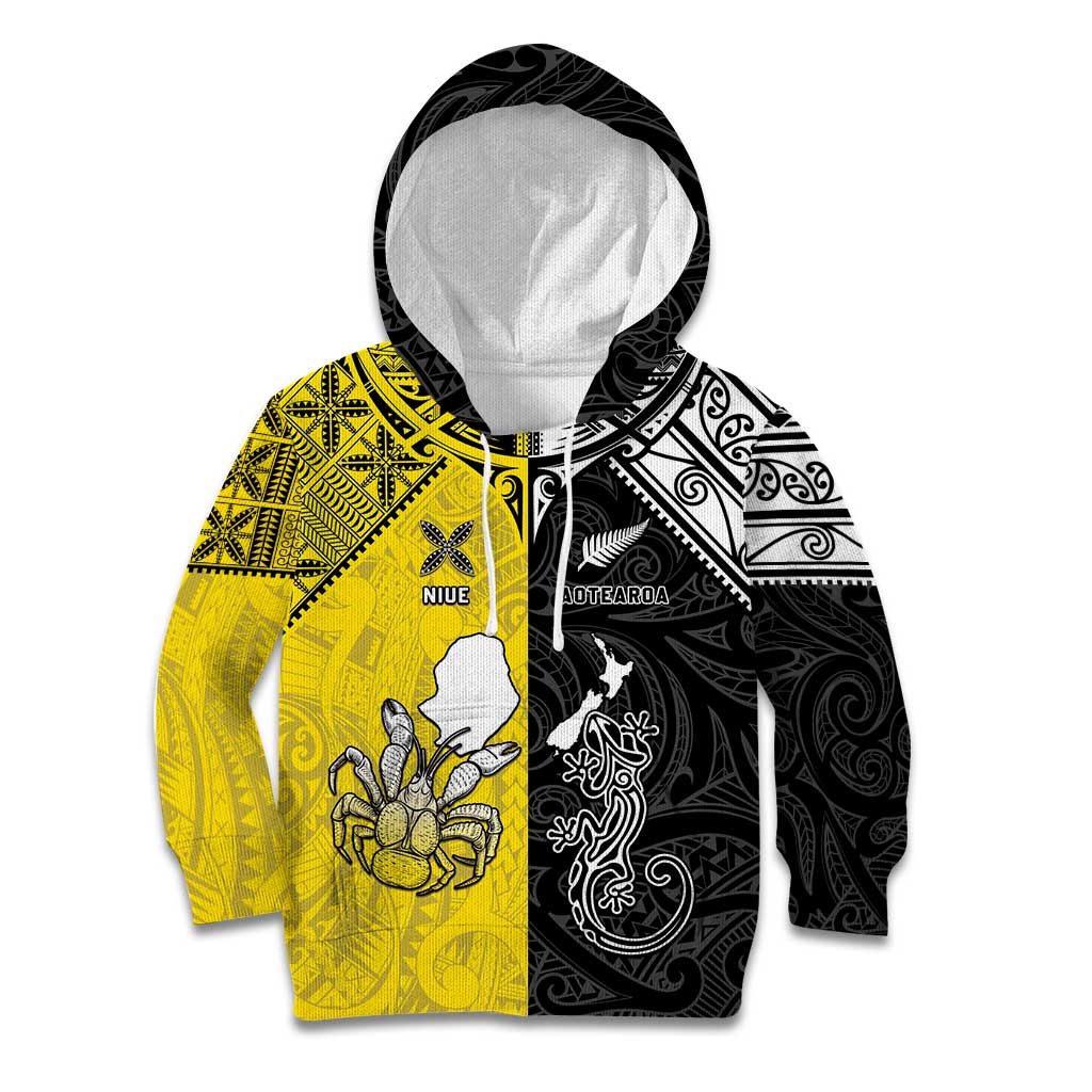 Custom New Zealand Maori And Niue Hiapo Kid Hoodie Lizard And Coconut Crab Together LT05 Hoodie Yellow - Polynesian Pride