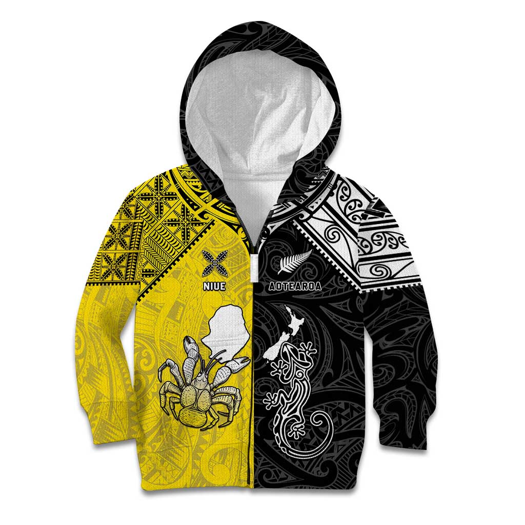 Custom New Zealand Maori And Niue Hiapo Kid Hoodie Lizard And Coconut Crab Together LT05 Zip Hoodie Yellow - Polynesian Pride