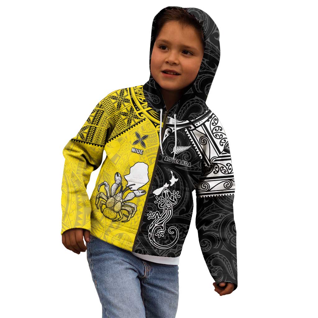 Custom New Zealand Maori And Niue Hiapo Kid Hoodie Lizard And Coconut Crab Together LT05 - Polynesian Pride
