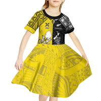 Custom New Zealand Maori And Niue Hiapo Kid Short Sleeve Dress Lizard And Coconut Crab Together LT05 - Polynesian Pride