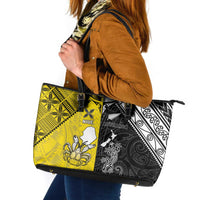 New Zealand Maori And Niue Hiapo Leather Tote Bag Lizard And Coconut Crab Together LT05 Yellow - Polynesian Pride