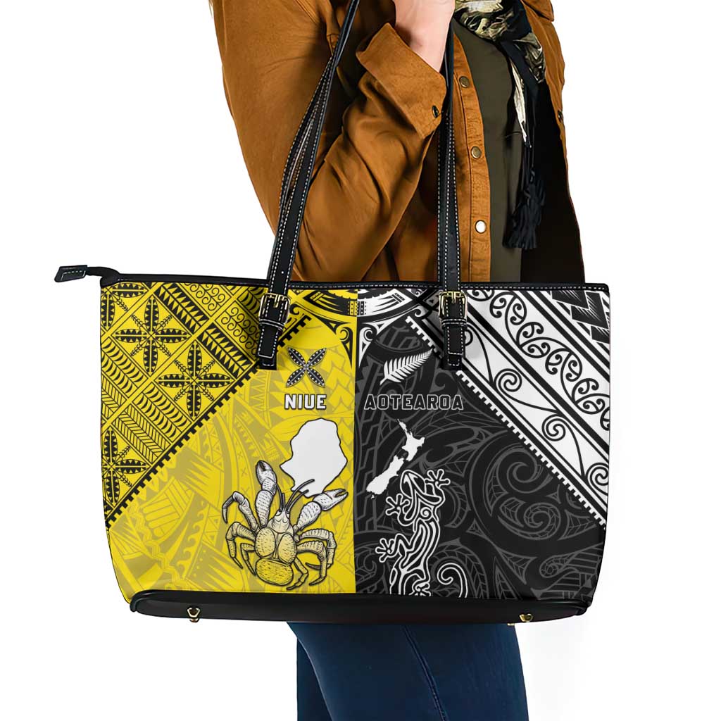 New Zealand Maori And Niue Hiapo Leather Tote Bag Lizard And Coconut Crab Together LT05 - Polynesian Pride
