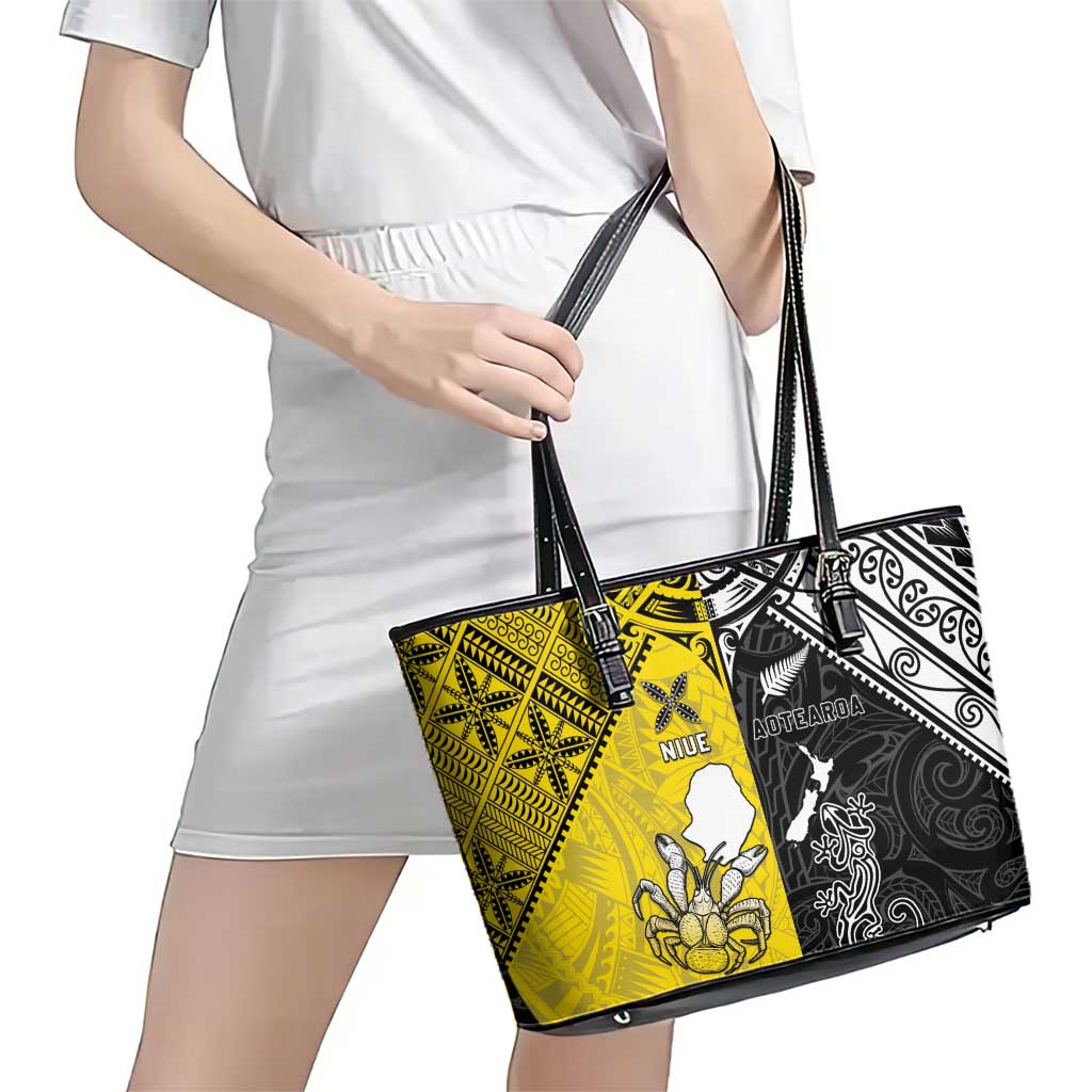 New Zealand Maori And Niue Hiapo Leather Tote Bag Lizard And Coconut Crab Together LT05 - Polynesian Pride