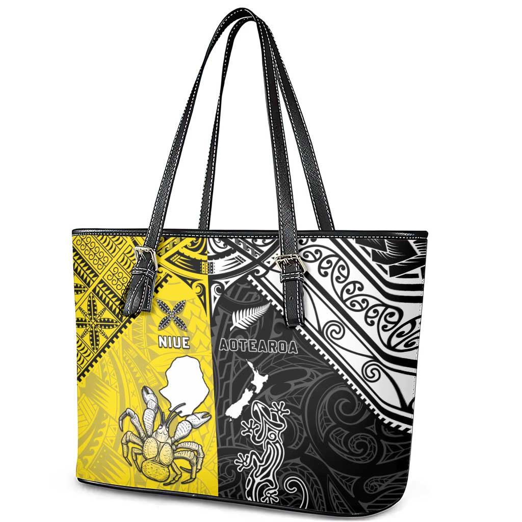 New Zealand Maori And Niue Hiapo Leather Tote Bag Lizard And Coconut Crab Together LT05 - Polynesian Pride
