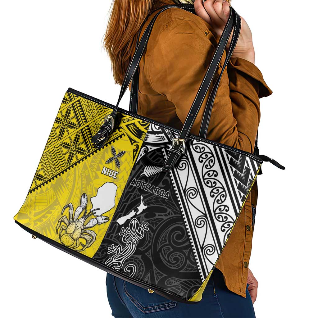 New Zealand Maori And Niue Hiapo Leather Tote Bag Lizard And Coconut Crab Together LT05 - Polynesian Pride