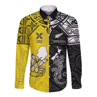 Custom New Zealand Maori And Niue Hiapo Long Sleeve Button Shirt Lizard And Coconut Crab Together LT05 Unisex Yellow - Polynesian Pride