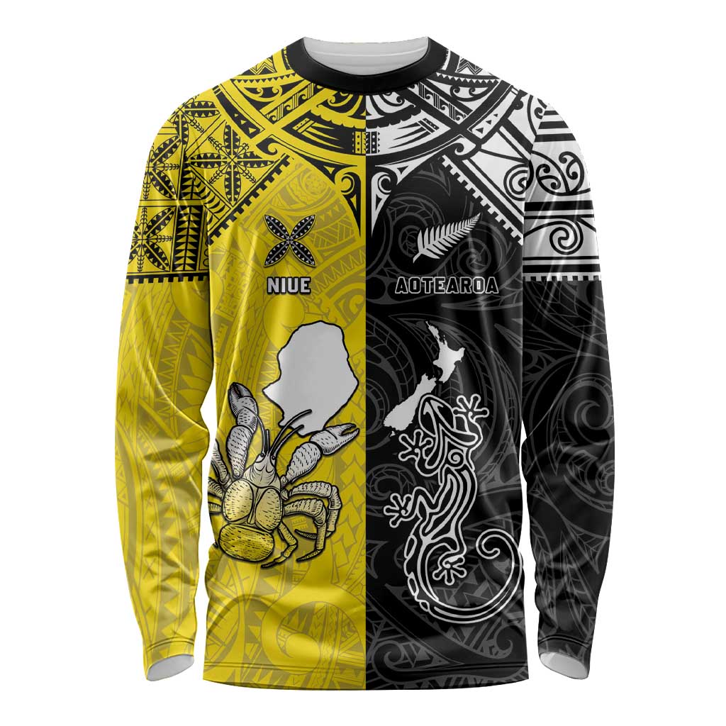 Custom New Zealand Maori And Niue Hiapo Long Sleeve Shirt Lizard And Coconut Crab Together LT05 Unisex Yellow - Polynesian Pride