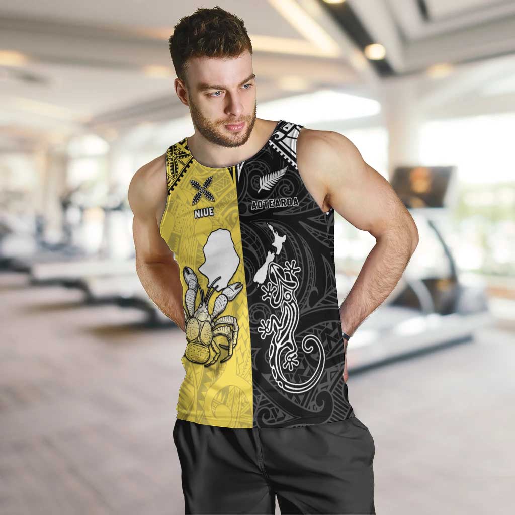 Custom New Zealand Maori And Niue Hiapo Men Tank Top Lizard And Coconut Crab Together LT05 Yellow - Polynesian Pride