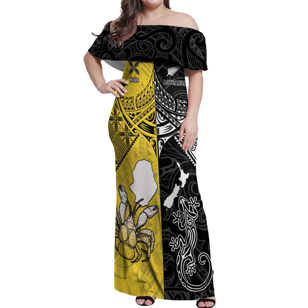 Custom New Zealand Maori And Niue Hiapo Off Shoulder Maxi Dress Lizard And Coconut Crab Together LT05 Women Yellow - Polynesian Pride