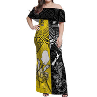 Custom New Zealand Maori And Niue Hiapo Off Shoulder Maxi Dress Lizard And Coconut Crab Together LT05 Women Yellow - Polynesian Pride