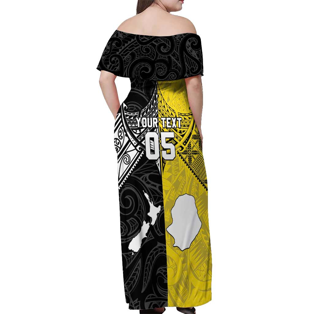Custom New Zealand Maori And Niue Hiapo Off Shoulder Maxi Dress Lizard And Coconut Crab Together LT05 - Polynesian Pride
