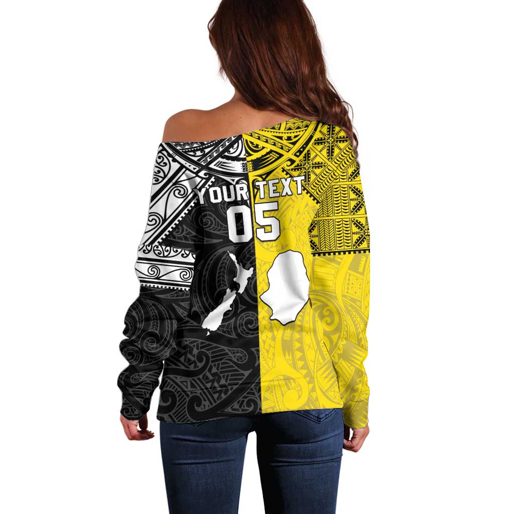 Custom New Zealand Maori And Niue Hiapo Off Shoulder Sweater Lizard And Coconut Crab Together LT05 - Polynesian Pride