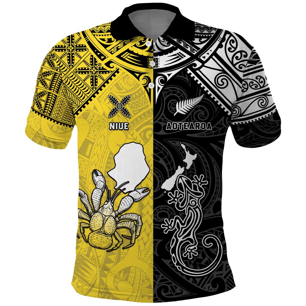 Custom New Zealand Maori And Niue Hiapo Polo Shirt Lizard And Coconut Crab Together LT05 Yellow - Polynesian Pride