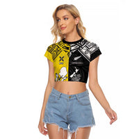 Custom New Zealand Maori And Niue Hiapo Raglan Cropped T Shirt Lizard And Coconut Crab Together LT05 Female Yellow - Polynesian Pride