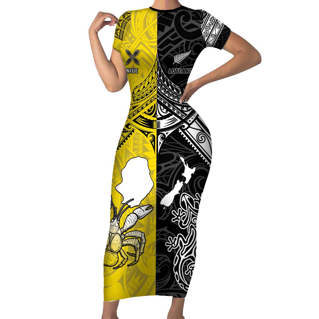 Custom New Zealand Maori And Niue Hiapo Short Sleeve Bodycon Dress Lizard And Coconut Crab Together LT05 Long Dress Yellow - Polynesian Pride