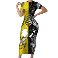 Custom New Zealand Maori And Niue Hiapo Short Sleeve Bodycon Dress Lizard And Coconut Crab Together LT05 Long Dress Yellow - Polynesian Pride