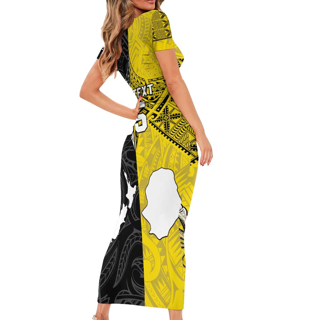 Custom New Zealand Maori And Niue Hiapo Short Sleeve Bodycon Dress Lizard And Coconut Crab Together LT05 - Polynesian Pride