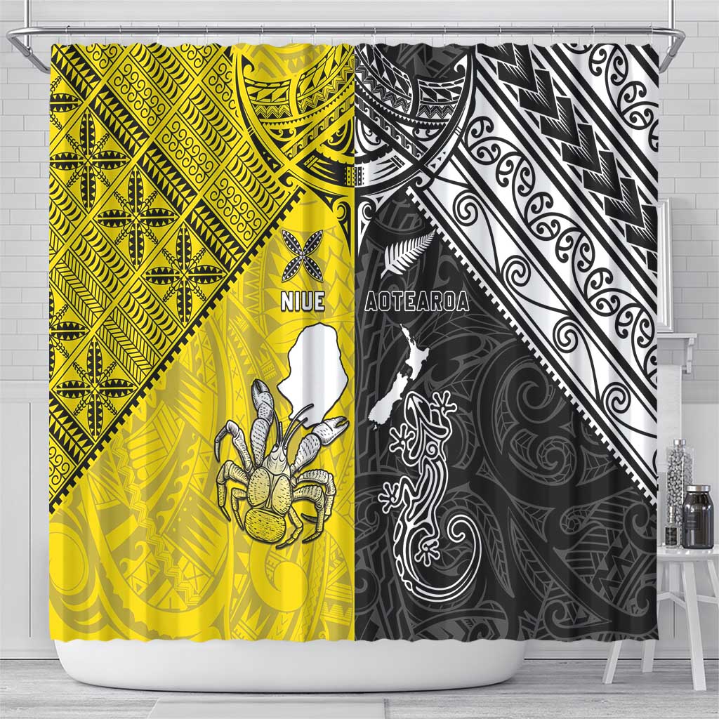 New Zealand Maori And Niue Hiapo Shower Curtain Lizard And Coconut Crab Together LT05 - Polynesian Pride