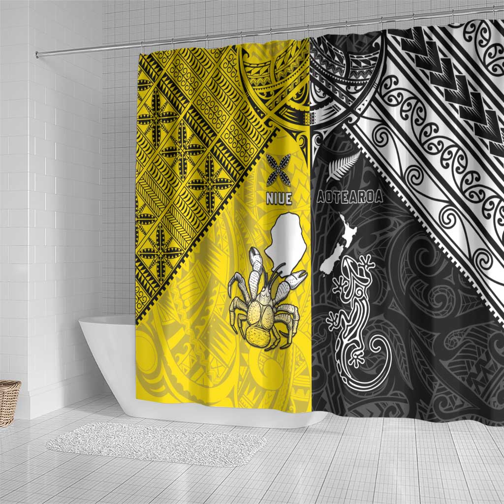 New Zealand Maori And Niue Hiapo Shower Curtain Lizard And Coconut Crab Together LT05 - Polynesian Pride