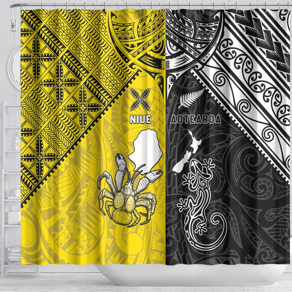 New Zealand Maori And Niue Hiapo Shower Curtain Lizard And Coconut Crab Together LT05 - Polynesian Pride