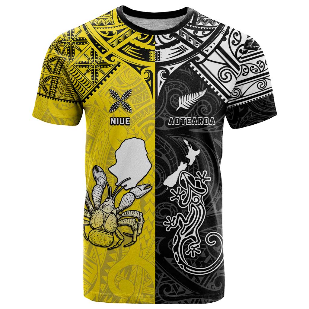 Custom New Zealand Maori And Niue Hiapo T Shirt Lizard And Coconut Crab Together LT05 Yellow - Polynesian Pride