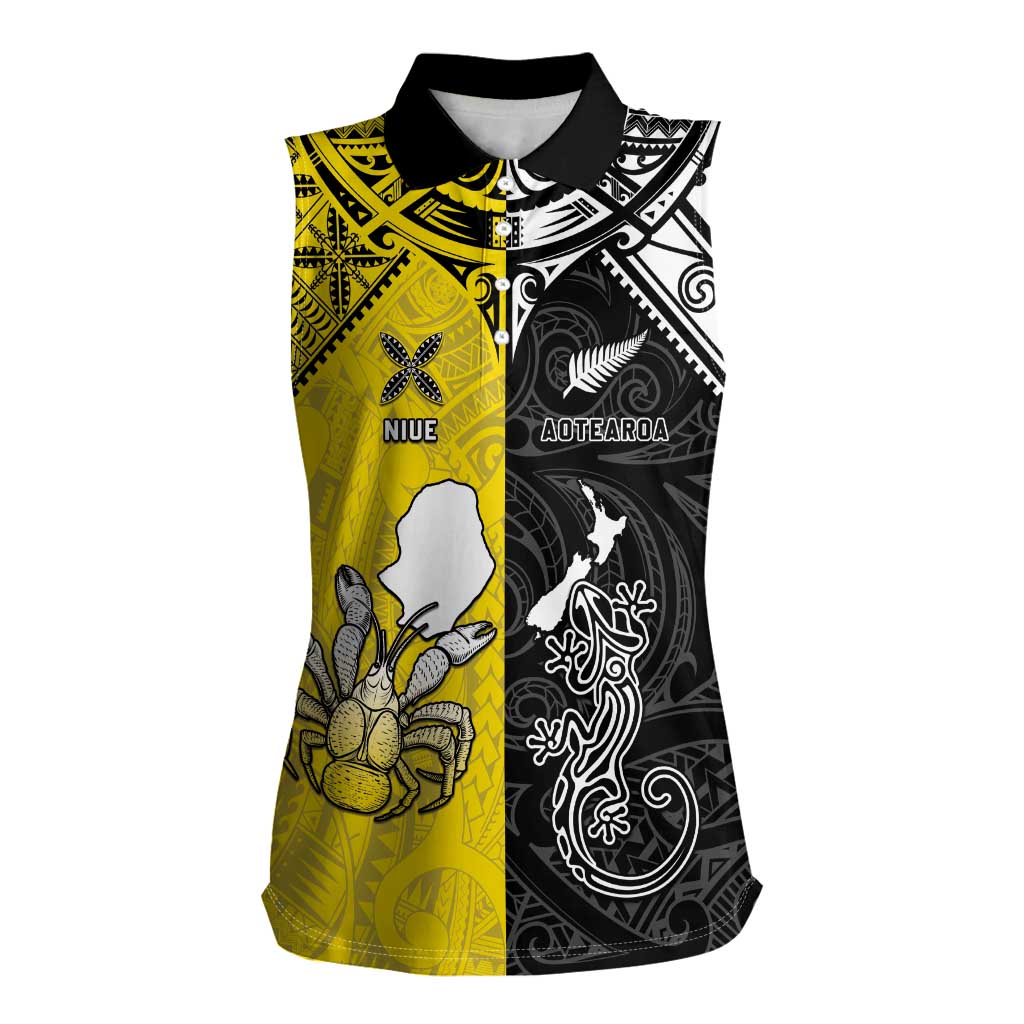 Custom New Zealand Maori And Niue Hiapo Women Sleeveless Polo Shirt Lizard And Coconut Crab Together LT05 Female Yellow - Polynesian Pride