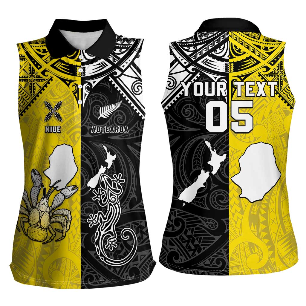 Custom New Zealand Maori And Niue Hiapo Women Sleeveless Polo Shirt Lizard And Coconut Crab Together LT05 - Polynesian Pride