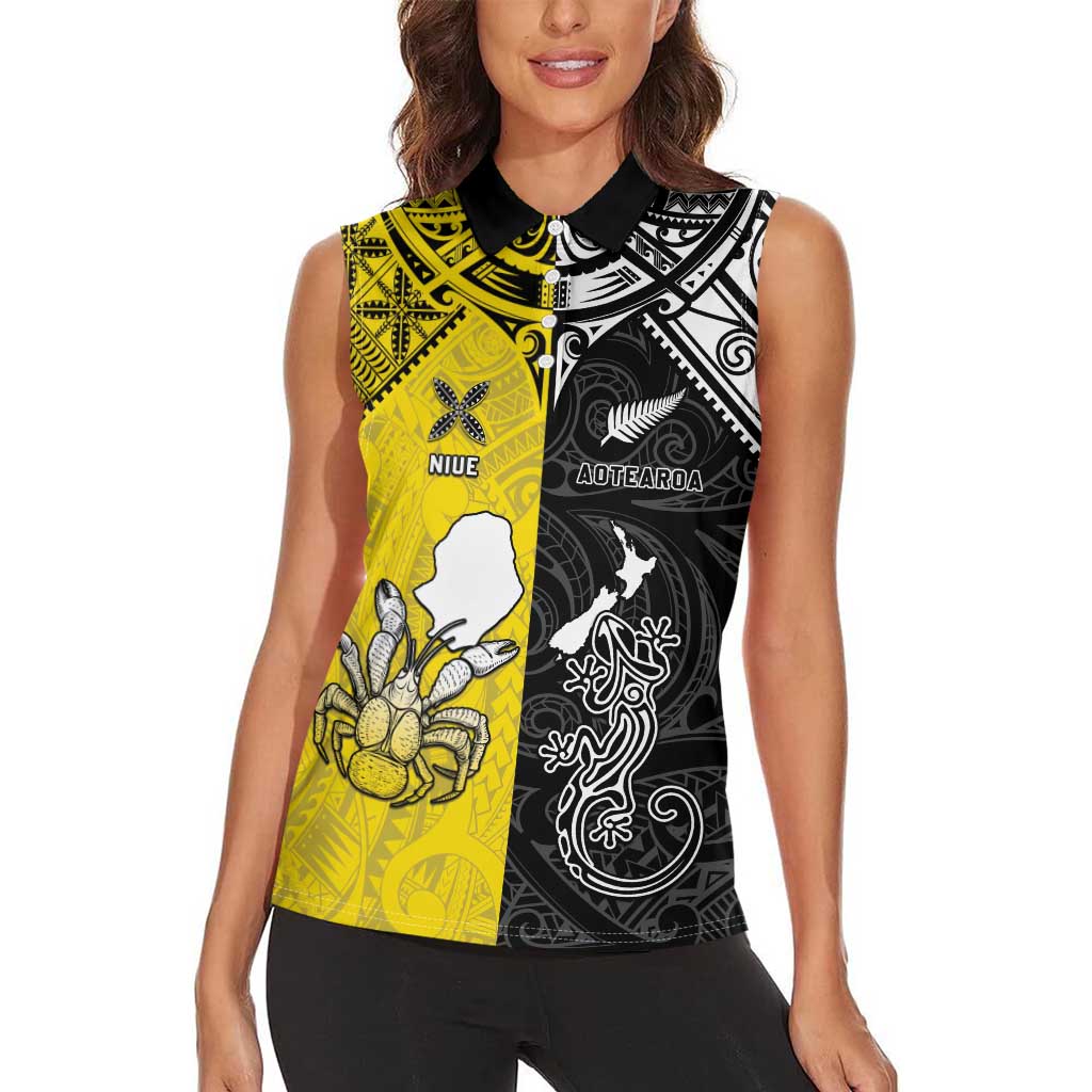 Custom New Zealand Maori And Niue Hiapo Women Sleeveless Polo Shirt Lizard And Coconut Crab Together LT05 - Polynesian Pride