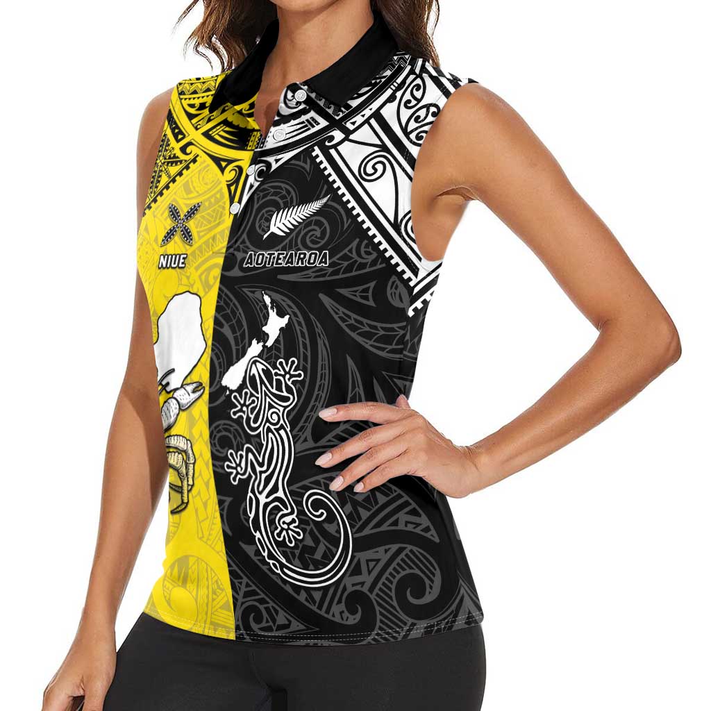 Custom New Zealand Maori And Niue Hiapo Women Sleeveless Polo Shirt Lizard And Coconut Crab Together LT05 - Polynesian Pride