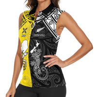 Custom New Zealand Maori And Niue Hiapo Women Sleeveless Polo Shirt Lizard And Coconut Crab Together LT05 - Polynesian Pride