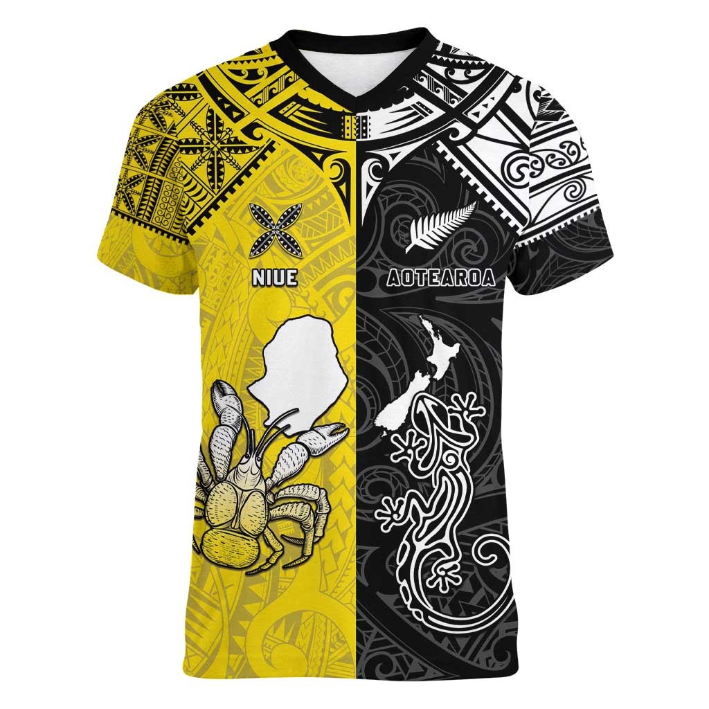 Custom New Zealand Maori And Niue Hiapo Women V-Neck T-Shirt Lizard And Coconut Crab Together LT05 Female Yellow - Polynesian Pride