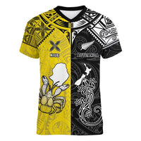 Custom New Zealand Maori And Niue Hiapo Women V-Neck T-Shirt Lizard And Coconut Crab Together LT05 Female Yellow - Polynesian Pride