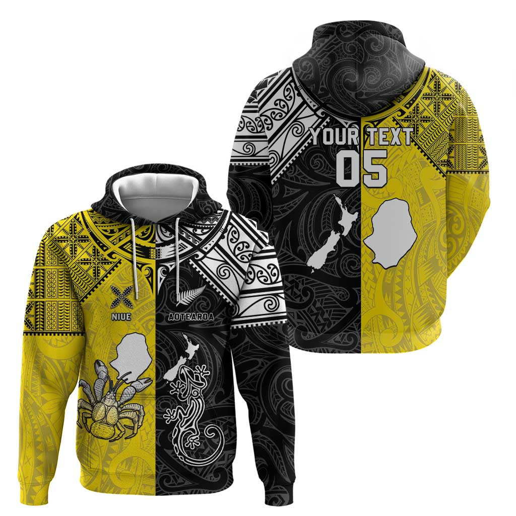 Custom New Zealand Maori And Niue Hiapo Zip Hoodie Lizard And Coconut Crab Together LT05 - Polynesian Pride