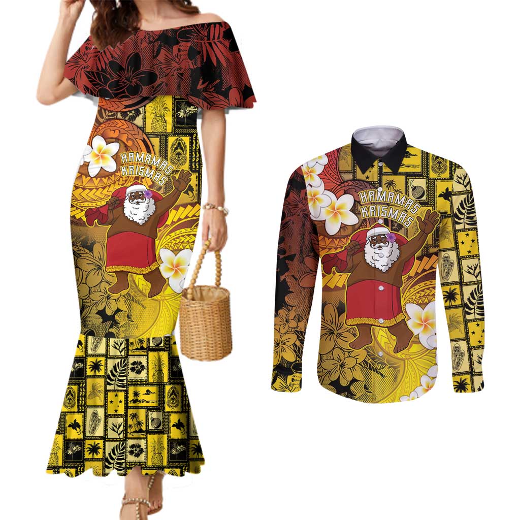 Papua New Guinea Retro Christmas Couples Matching Mermaid Dress and Long Sleeve Button Shirt Hamamas Krismas - Polynesian Pride