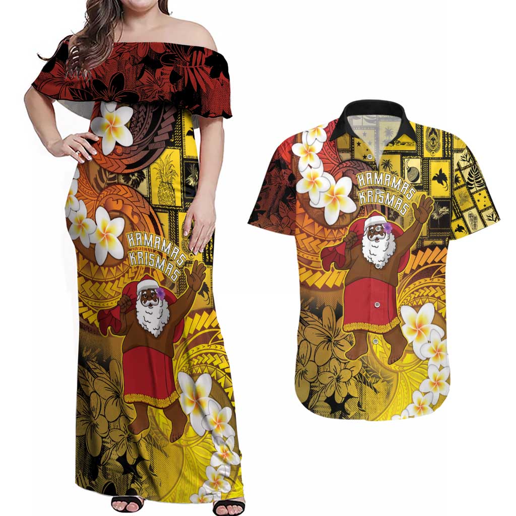 Papua New Guinea Retro Christmas Couples Matching Off Shoulder Maxi Dress and Hawaiian Shirt Hamamas Krismas - Polynesian Pride