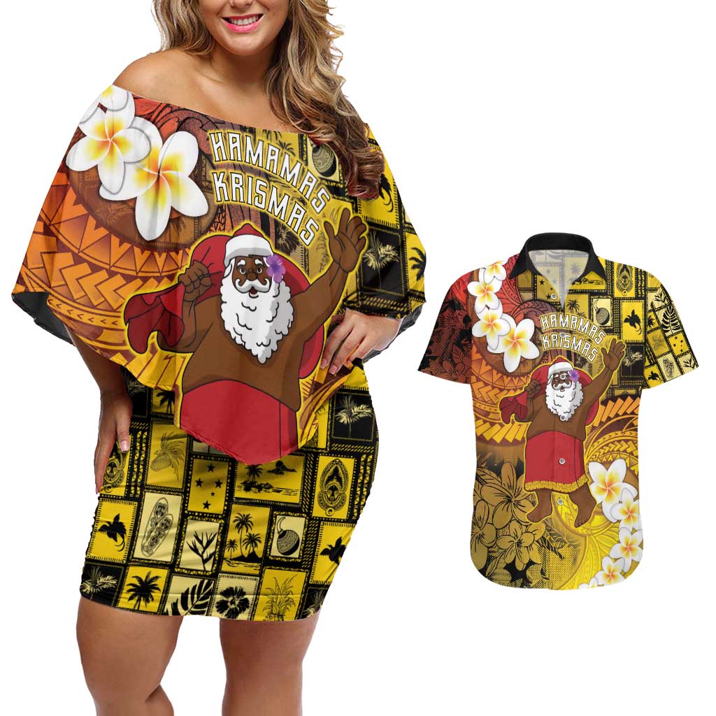 Papua New Guinea Retro Christmas Couples Matching Off Shoulder Short Dress and Hawaiian Shirt Hamamas Krismas - Polynesian Pride