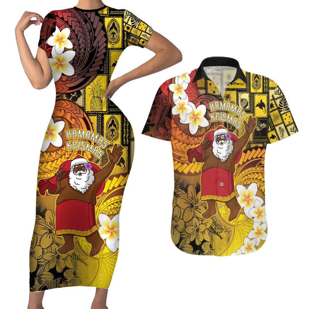Papua New Guinea Retro Christmas Couples Matching Short Sleeve Bodycon Dress and Hawaiian Shirt Hamamas Krismas - Polynesian Pride