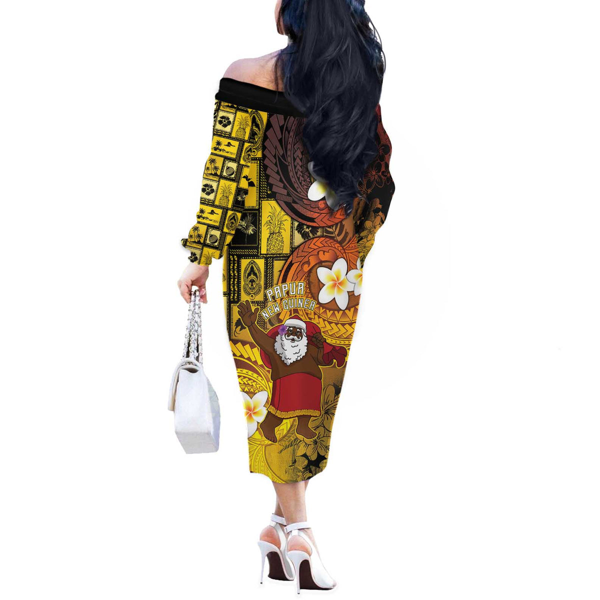 Papua New Guinea Retro Christmas Off The Shoulder Long Sleeve Dress Hamamas Krismas LT05 - Polynesian Pride