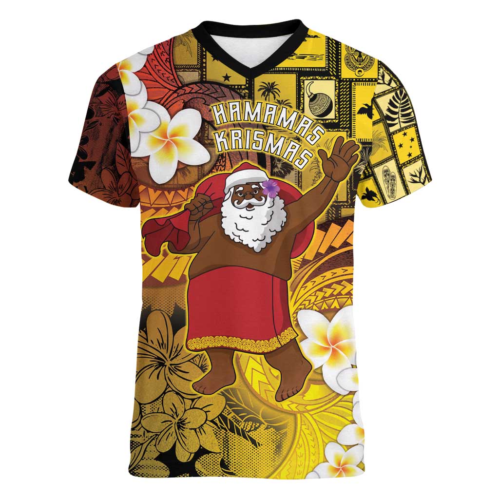 Papua New Guinea Retro Christmas Women V-Neck T-Shirt Hamamas Krismas - Polynesian Pride