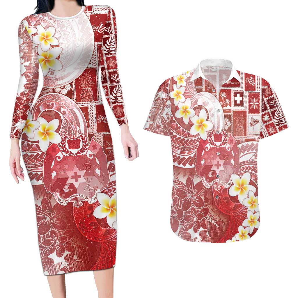 Tonga Christmas Couples Matching Long Sleeve Bodycon Dress and Hawaiian Shirt Kilisimasi Fiefia Retro Style Red LT05 Red - Polynesian Pride