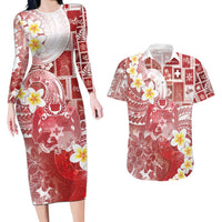Tonga Christmas Couples Matching Long Sleeve Bodycon Dress and Hawaiian Shirt Kilisimasi Fiefia Retro Style Red LT05 Red - Polynesian Pride