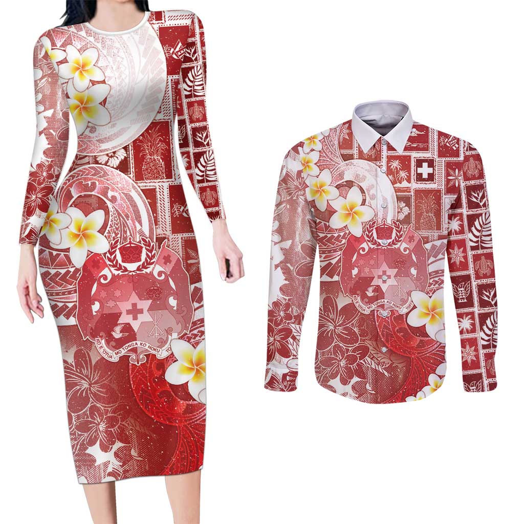 Tonga Christmas Couples Matching Long Sleeve Bodycon Dress and Long Sleeve Button Shirt Kilisimasi Fiefia Retro Style Red LT05 Red - Polynesian Pride