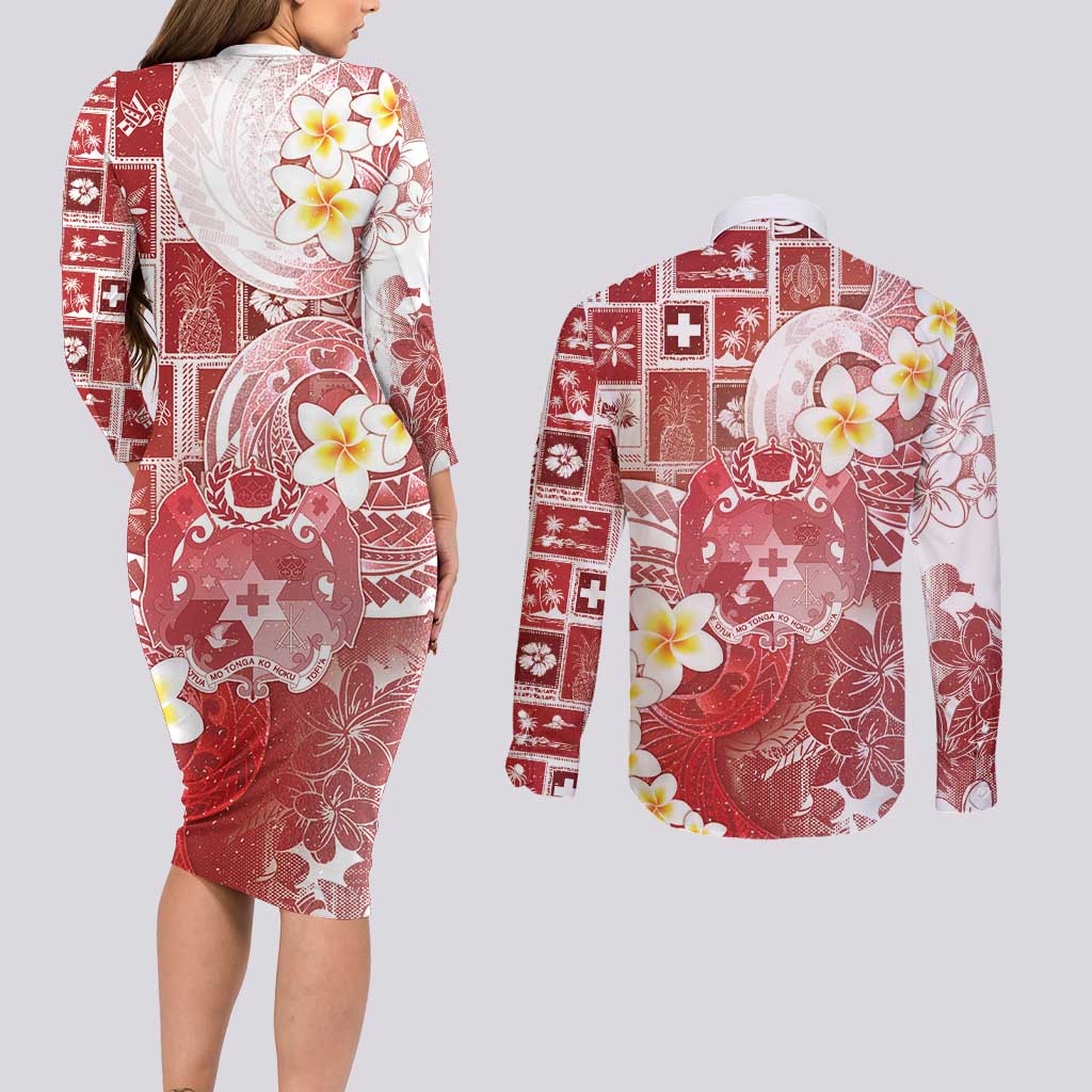 Tonga Christmas Couples Matching Long Sleeve Bodycon Dress and Long Sleeve Button Shirt Kilisimasi Fiefia Retro Style Red LT05 - Polynesian Pride